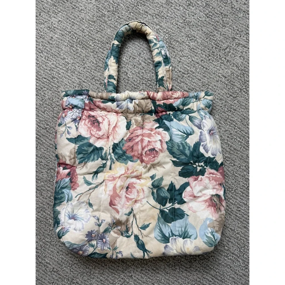 Vintage Tote Folks Floral Quilted Handbag Pink Green Cottagecore Flex Frame